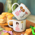 Personalizada de dibujos animados Mini Jefe de caracteres de nacimiento de flores 12 oz taza de esmalte con el nombre de vuelta a la escuela regalo de cumpleaños para niños niñas