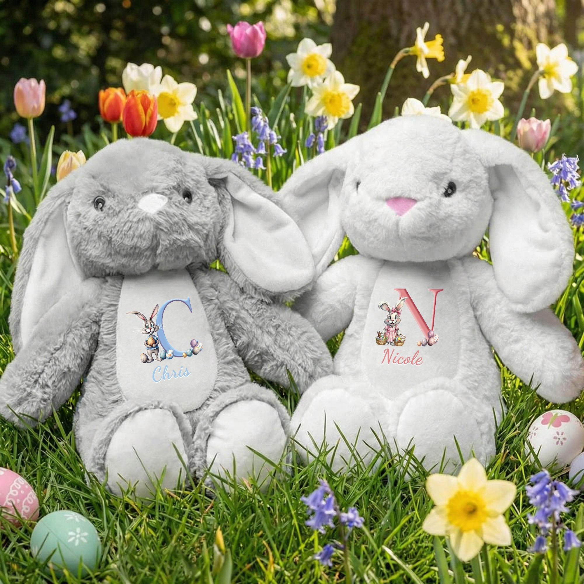 Huevo de Pascua Personalizado Conejito de Pascua Diseño de Iniciales Simpático Conejito de Peluche con Nombre Pascua Cumpleaños Regalo para Niños
