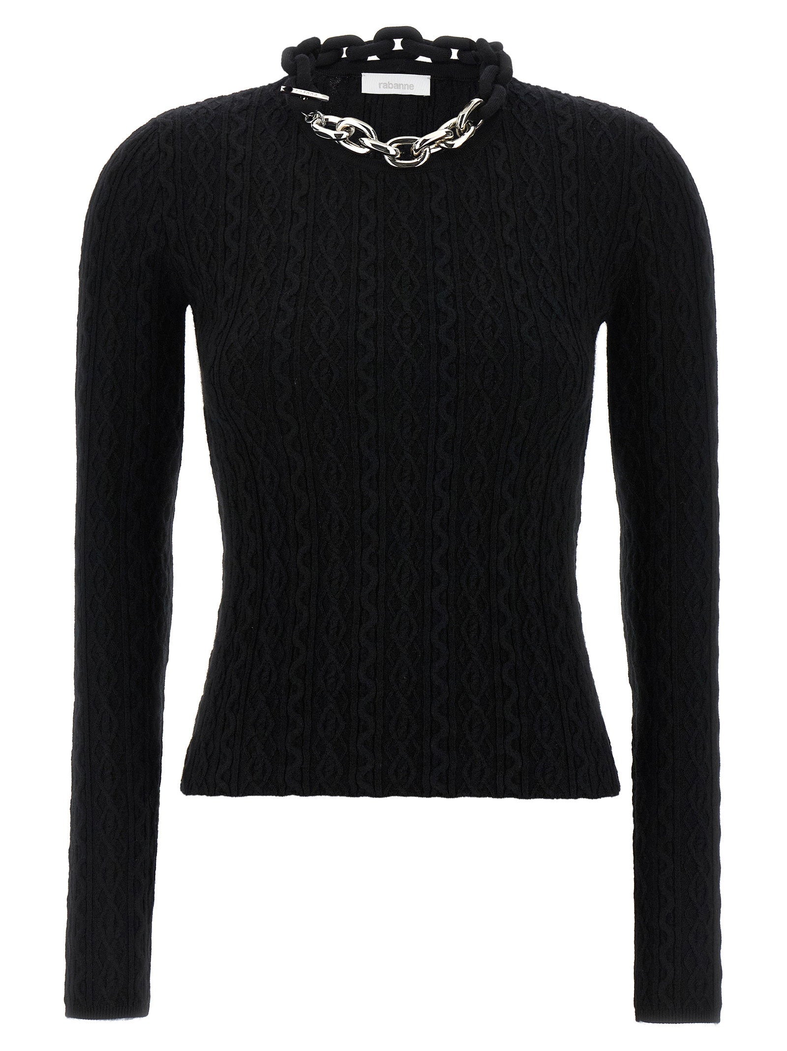 Paco Rabanne Ribbed Wool-Cashmere with Chain Neckline Sweater — Black