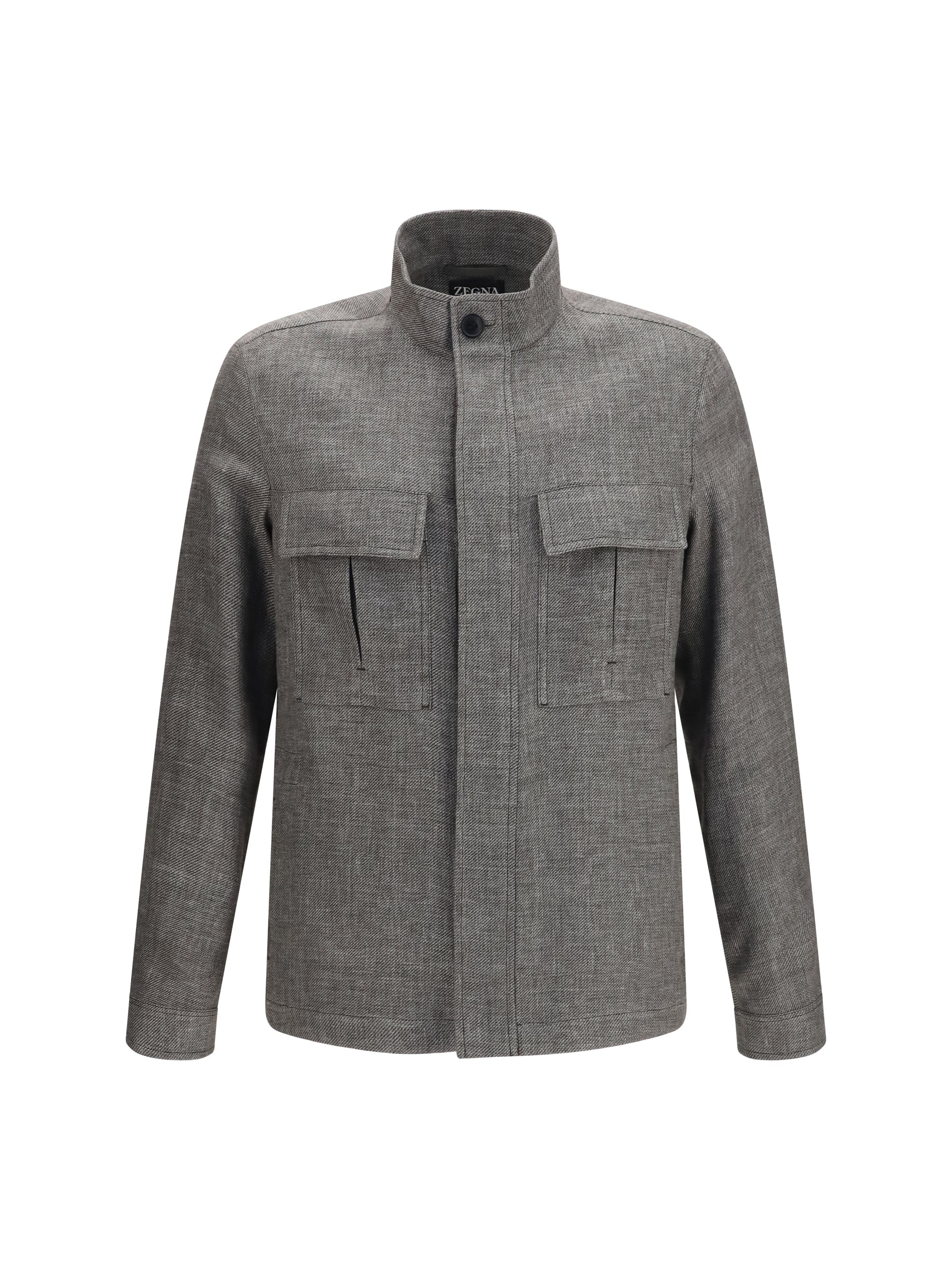 Zegna High-Collar Linen Blend Shirt Jacket — Gray