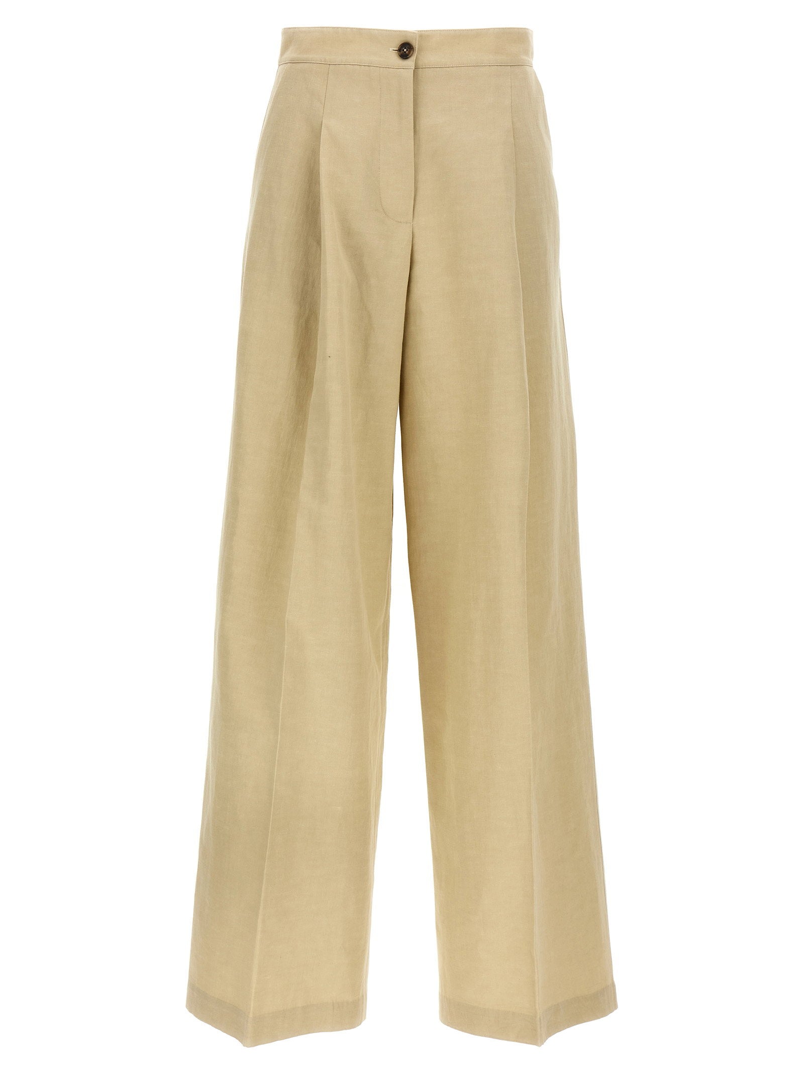 Yves Salomon Pleated High-Waist Linen-Blend Trousers — Beige