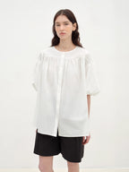 Romantic Line Drawing Pure Cotton Slightly Wrinkled Puff Sleeve Short Top for Women