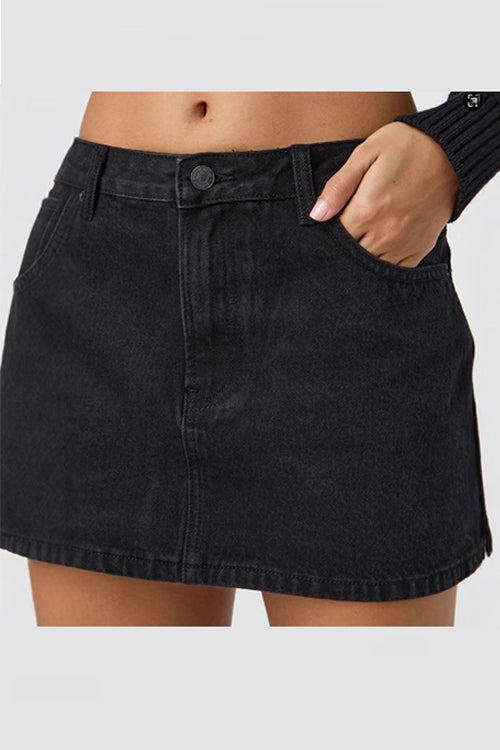 One Button Pocketed Denim Mini Skirt