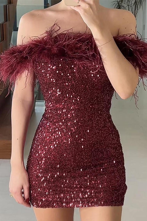 Off Shoulder Feather Trim Sequin Mini Party Dress