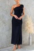 One Shoulder Slit Ruched Ruffle Mesh Maxi Dress