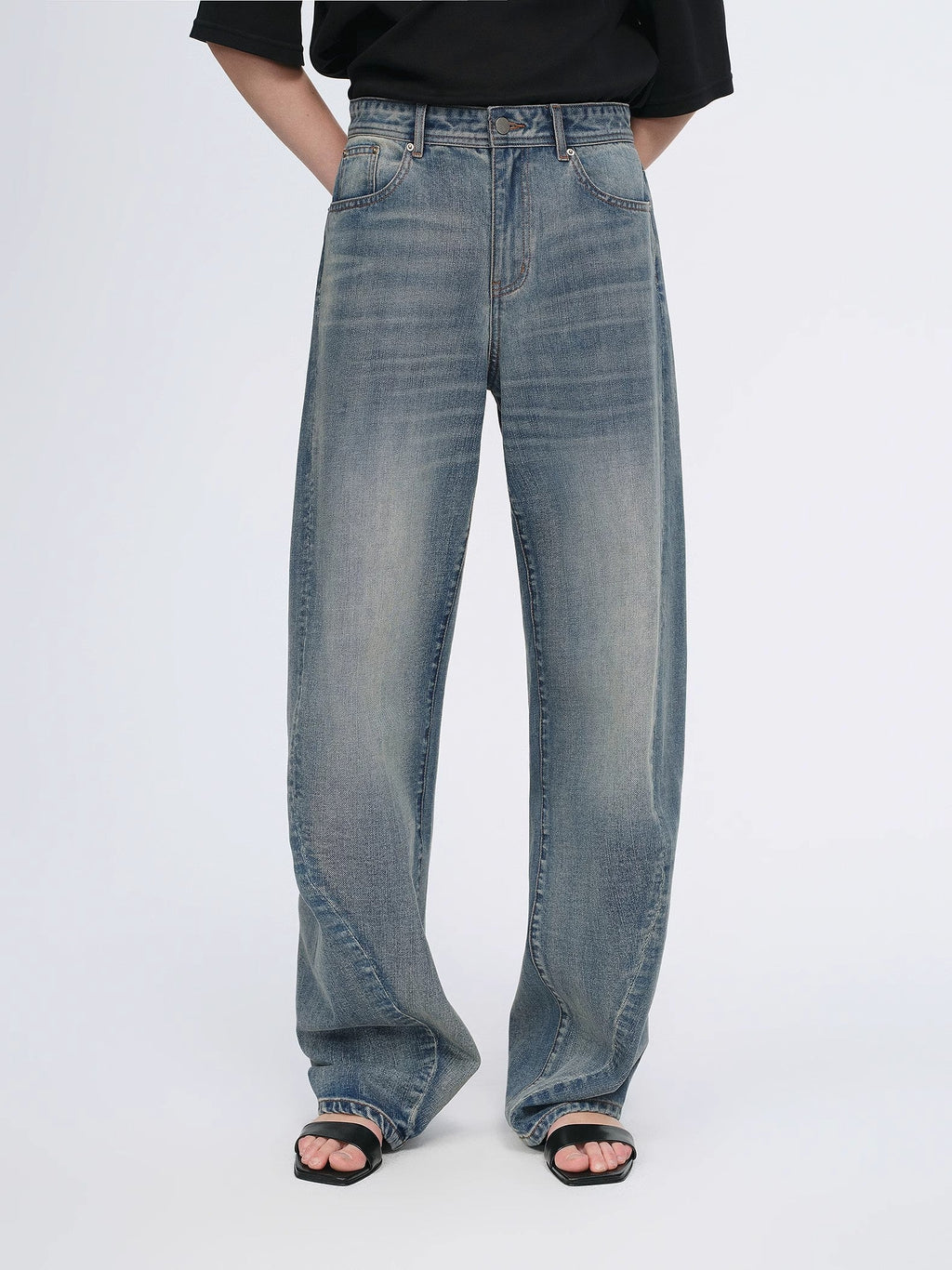 Vintage heavy cotton polyester blended washed comfortable slim front curved jeans