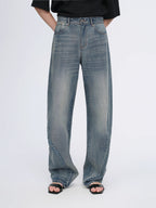 Vintage heavy cotton polyester blended washed comfortable slim front curved jeans