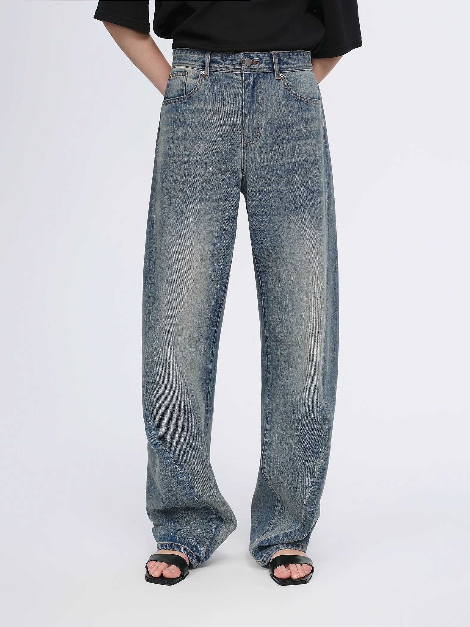 Vintage heavy cotton polyester blended washed comfortable slim front curved jeans