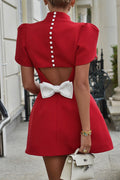 Mockneck Petal Sleeves Bow Knot Cut Out Mini Dress