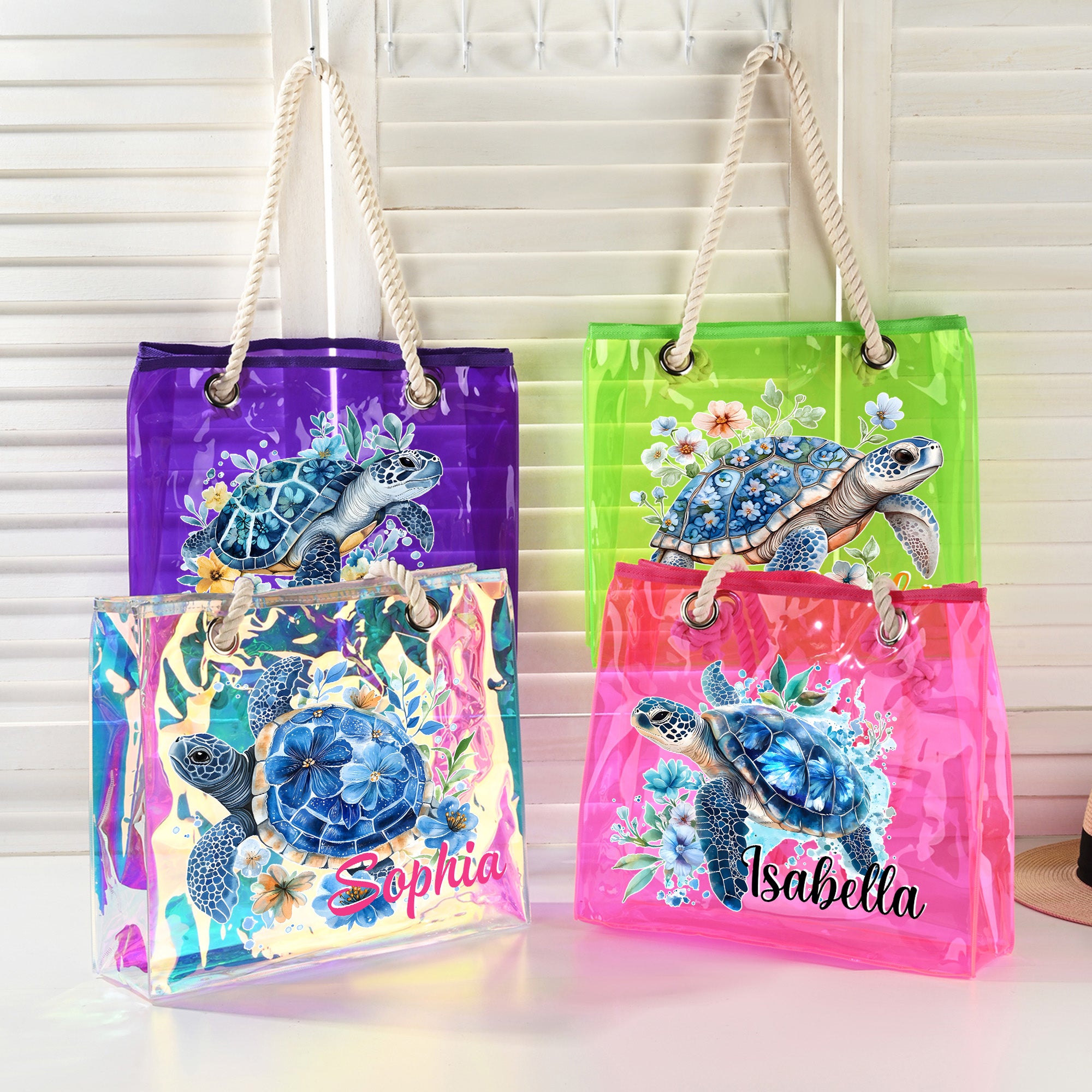 Bolsa holográfica transparente personalizada con nombre de tortuga marina Accesorio de viaje Regalo de cumpleaños para mujer