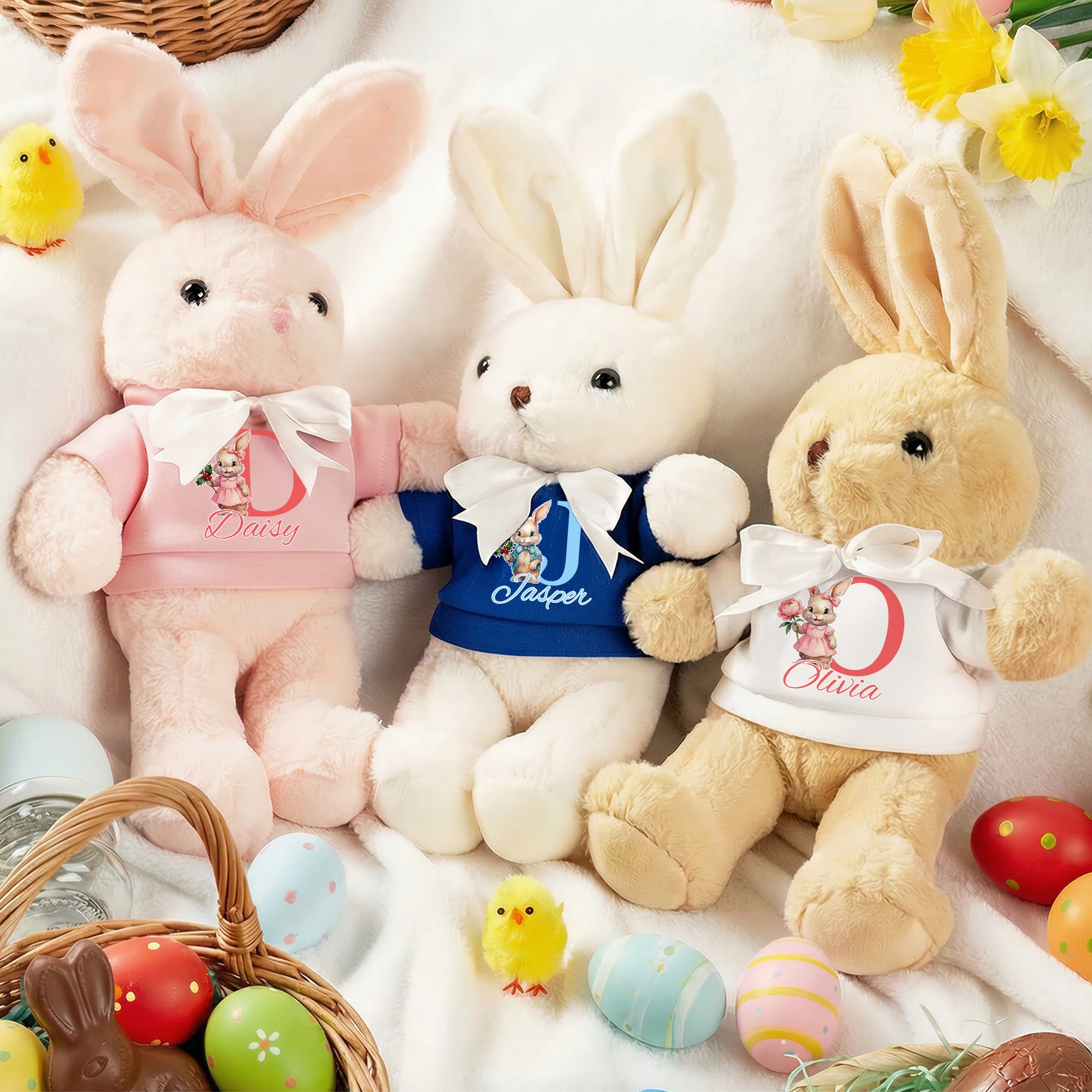 Personalizado Lindo Conejo de Nacimiento Flor de Peluche Camiseta Conejito Juguete con Inicial y Nombre Regalo de Pascua para Recién Nacidos Niños