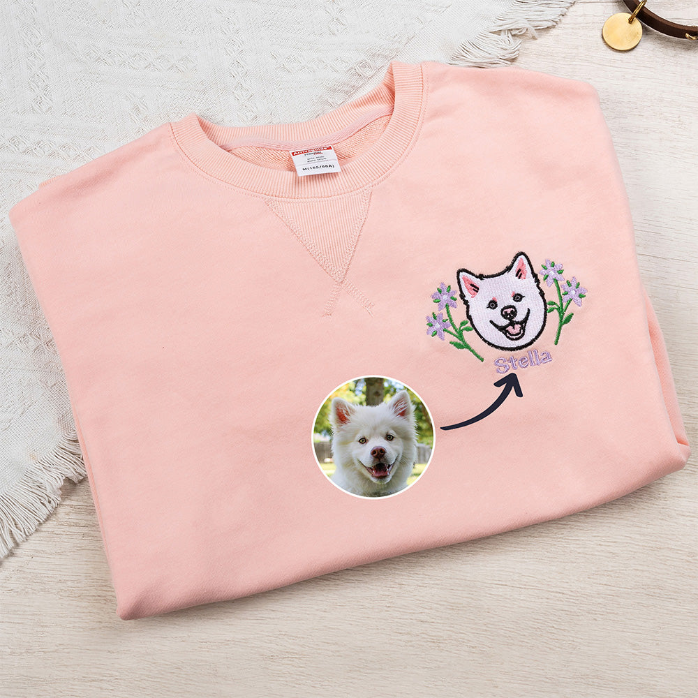 Personalizada Bordado Flor Perro Gato Cara Foto Suave Camiseta Sudadera Sudadera con Nombre Pet Party Cumpleaños Regalo para los amantes de los dueños de mascotas