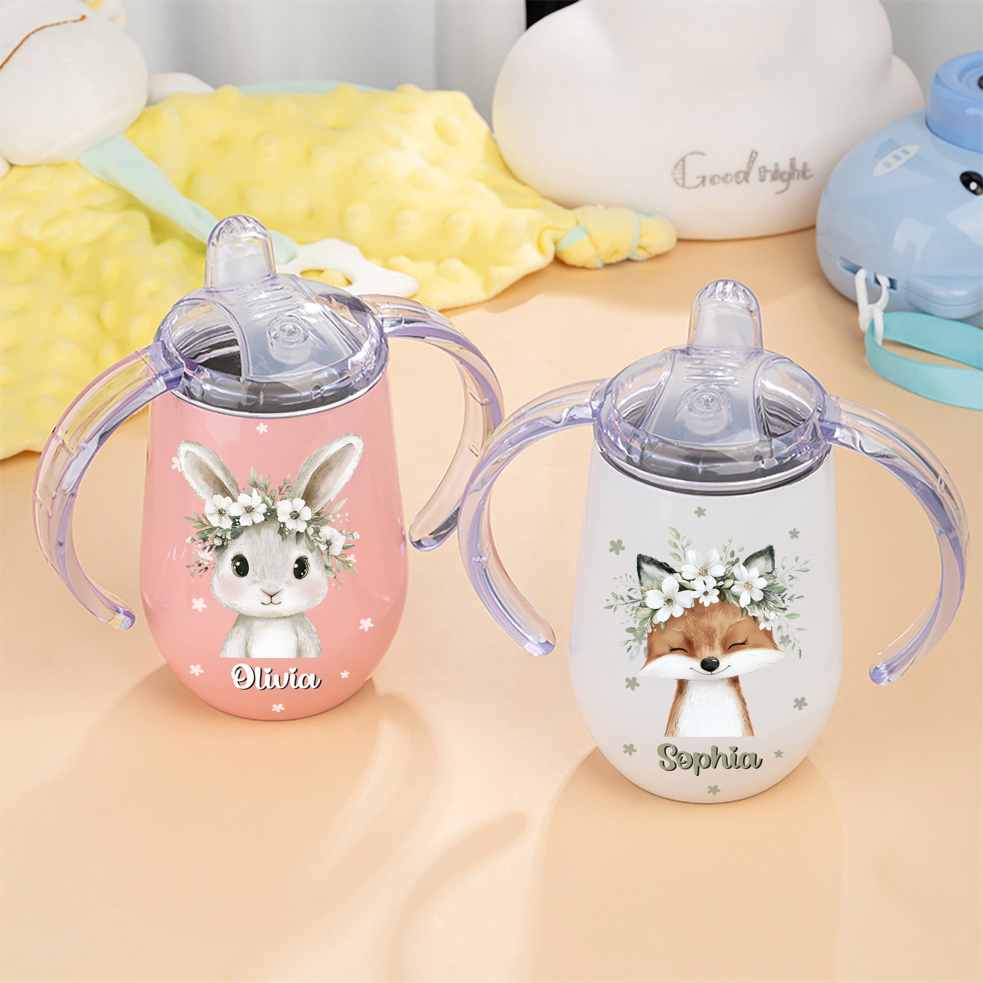 Vaso Térmico Personalizado con Nombre y Asa con Diseño de Guirnalda de Animales 10 oz Baby Shower Birthday Gift for Children
