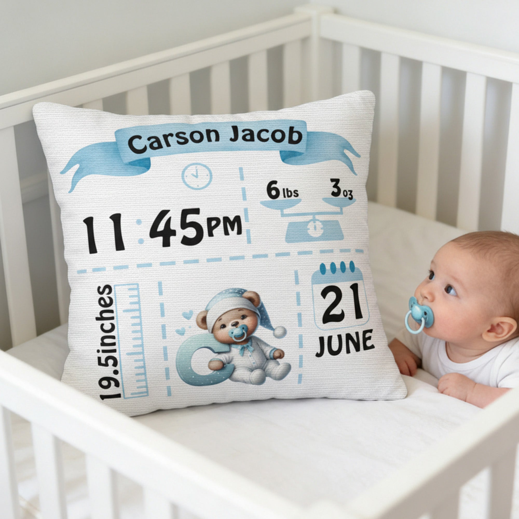Funda de cojín personalizada con nombre e información de nacimiento Decoración de la habitación del bebé Regalo de cumpleaños para recién nacidos