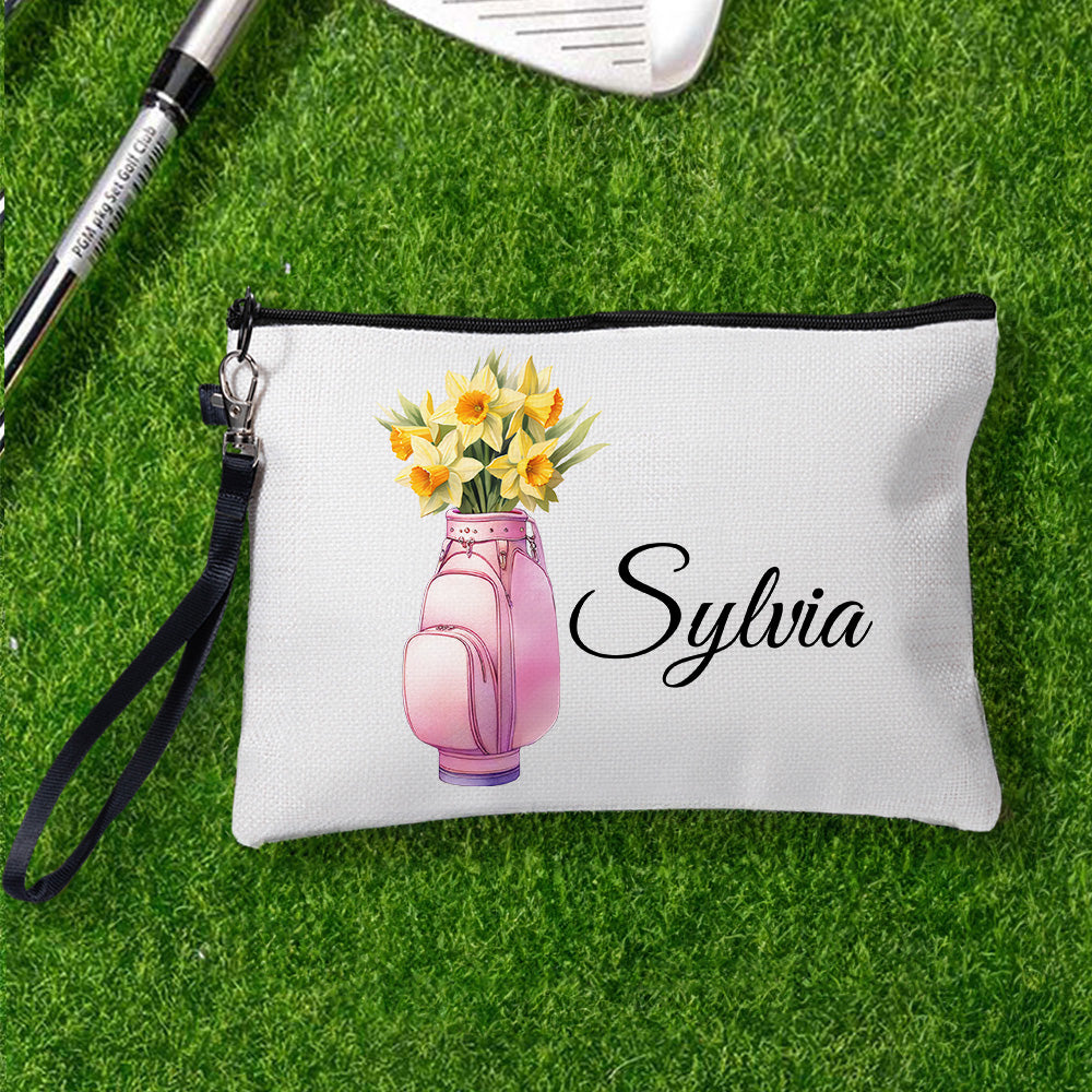 Flor de Nacimiento Personalizada en Bolsa de Golf Bolsa de Maquillaje Portátil con Nombre y Correa de Muñeca Accesorios de Viaje Regalo de Cumpleaños para Mujeres Amantes del Golf