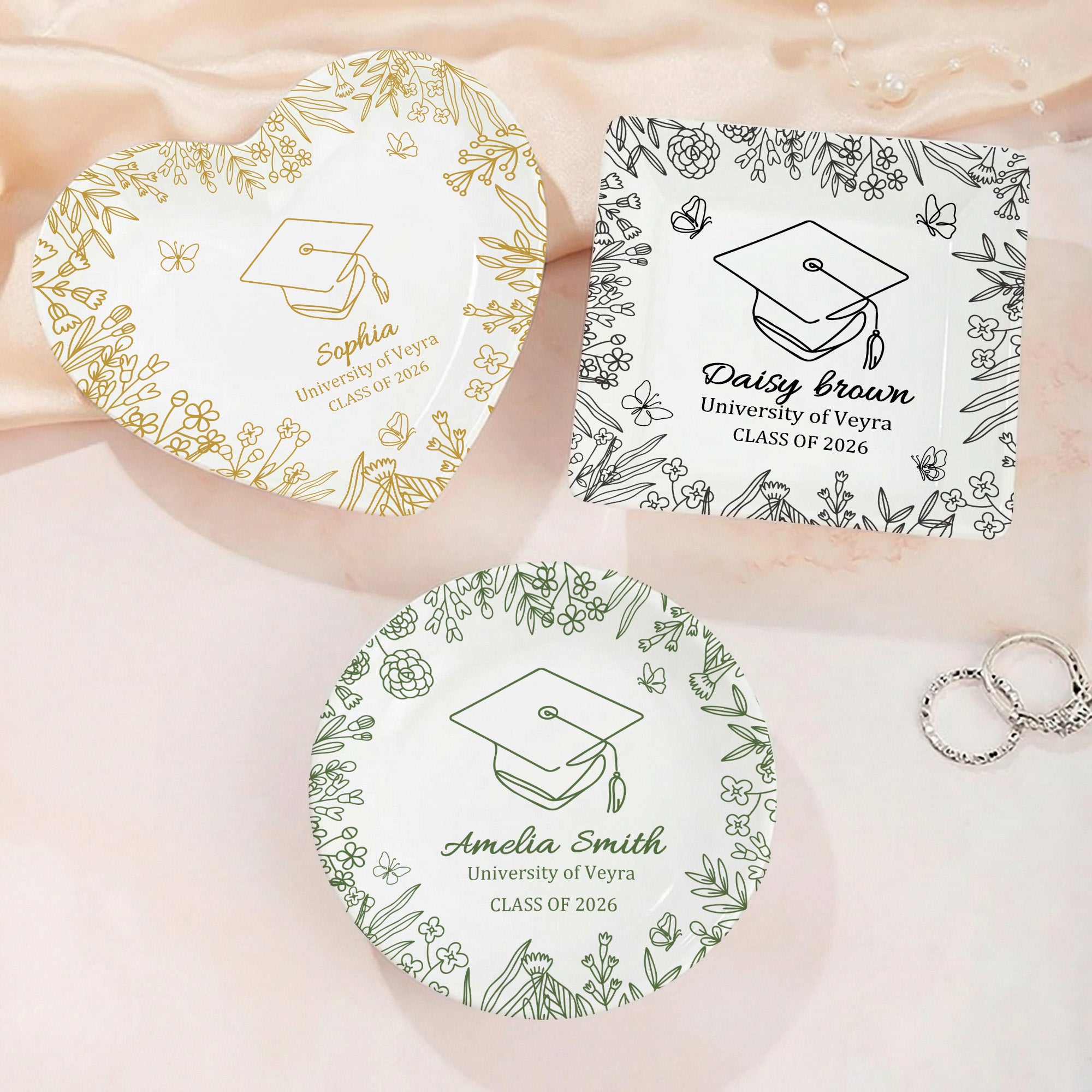 Personalizada Línea Dibujo a Mano Floral Gorra de Graduado Baratija de Cerámica Bandeja de Joyería con Nombre Año y Nombre de la Escuela Regalo de Graduación para Graduados
