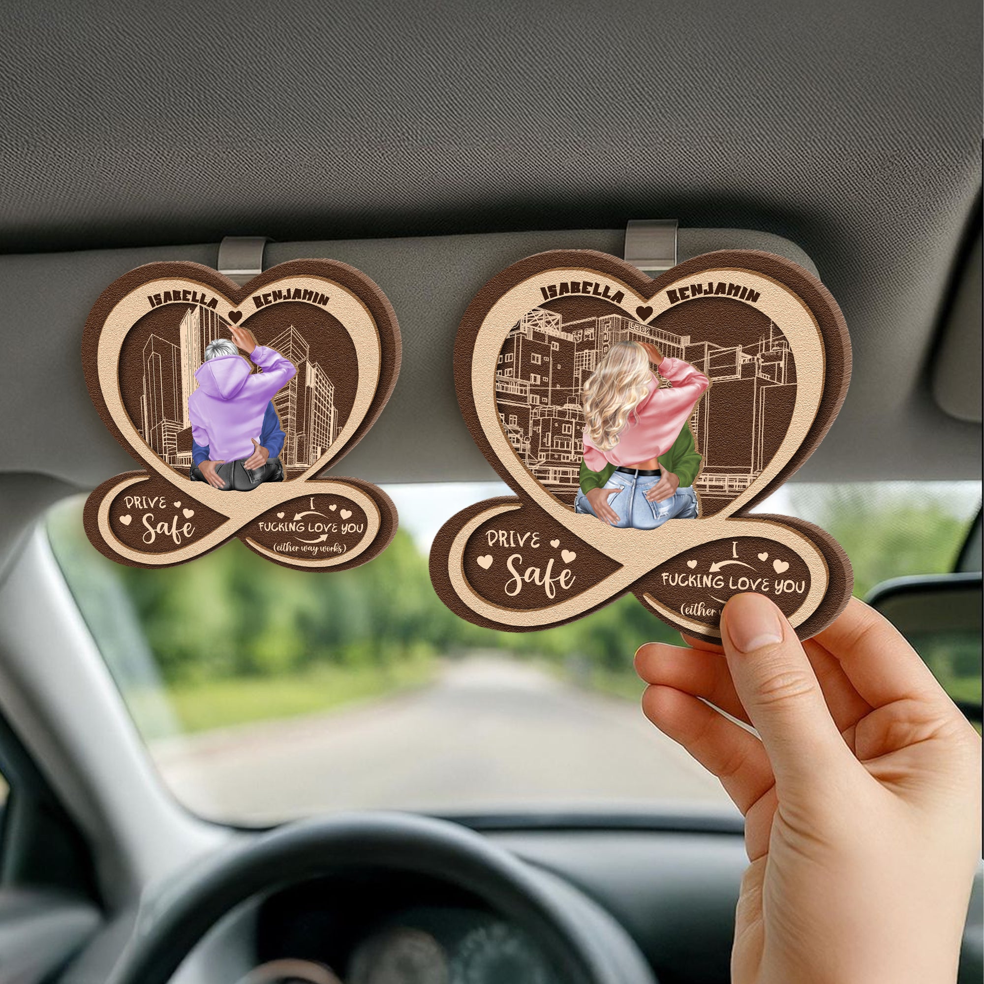 Personalizado Corazón Infinito Diversión Texto Cartoon Personaje de madera coche parasol clip con nombre Accesorios de coche Cumpleaños Aniversario Regalo para Pareja