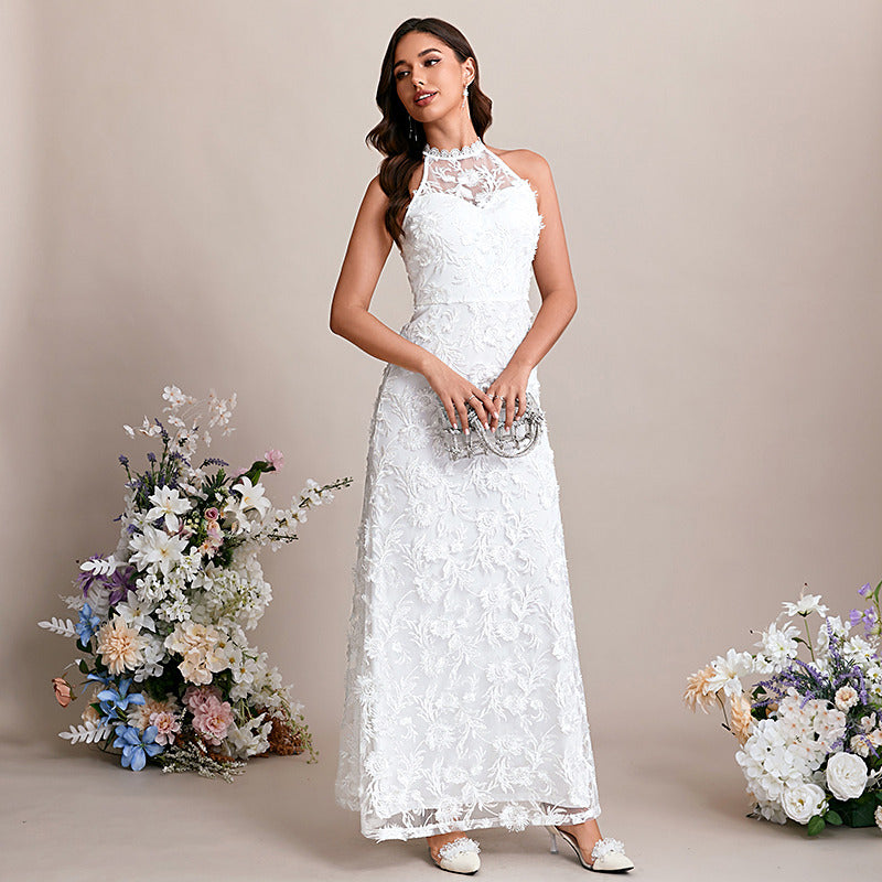 Bridal Wedding Dress White Sleeveless Long Halter A-line Lace