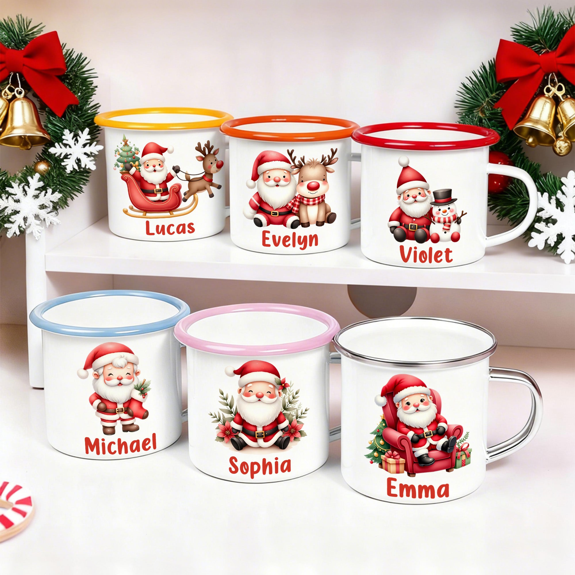 Personalizado lindo dibujo de Santa Claus Multicolor 12 oz Taza de esmalte con el nombre de regalo de Navidad para la familia de los niños