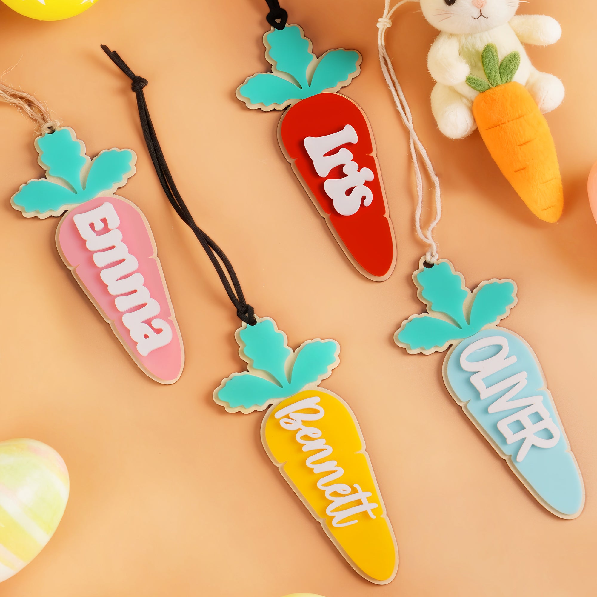 Etiqueta acrílica multicolor personalizada de la cesta de la zanahoria con el nombre Regalo de Pascua del cumpleaños para los muchachos muchachas