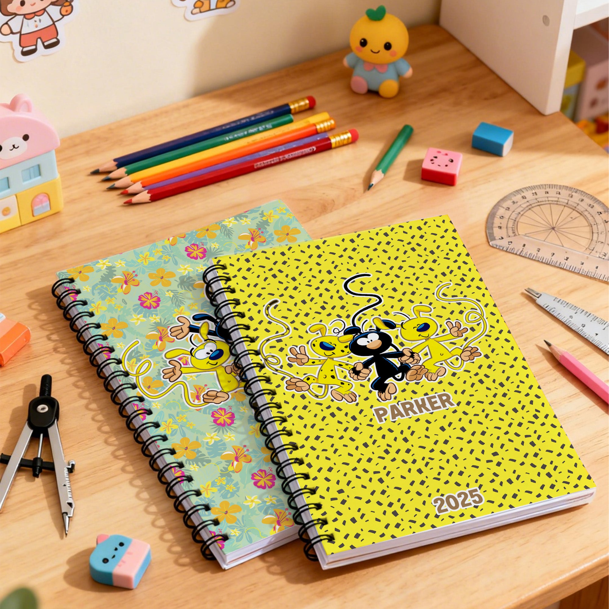 Cuaderno de espiral A5 personalizado con el nombre y el año de Marsupilami de cola larga Regalo de cumpleaños para niños Niñas | Callie × Marsupilami