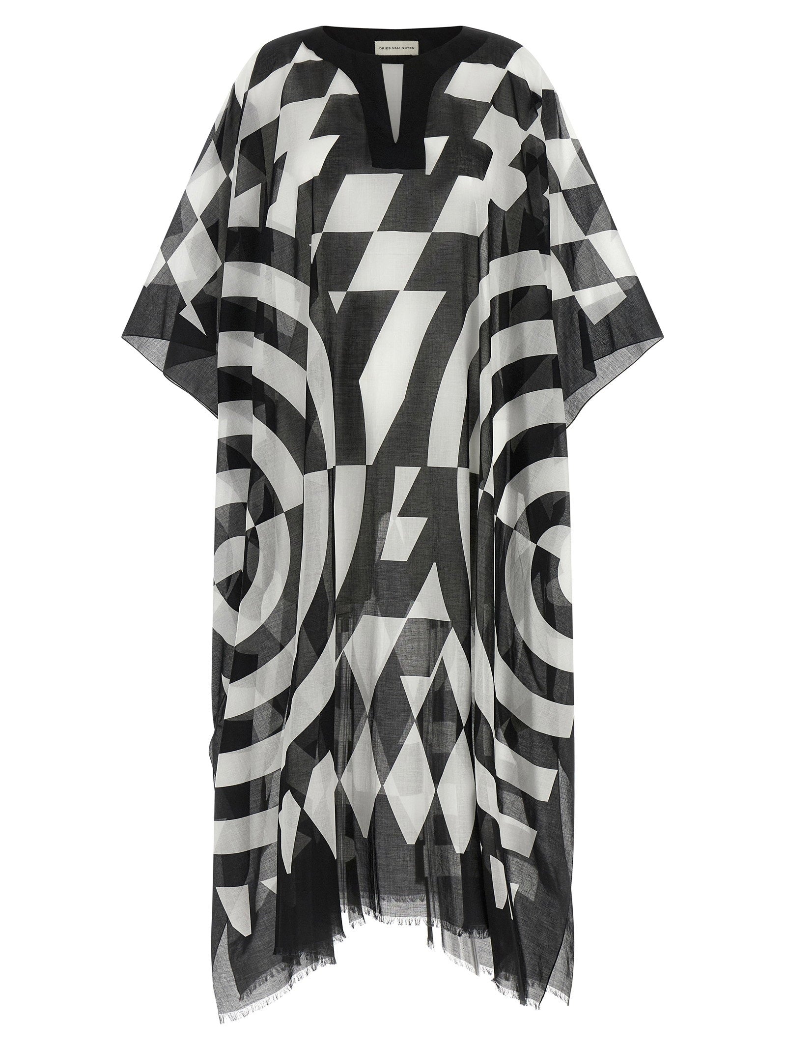 Dries Van Noten Optical Geometric-Print Caftan — Black