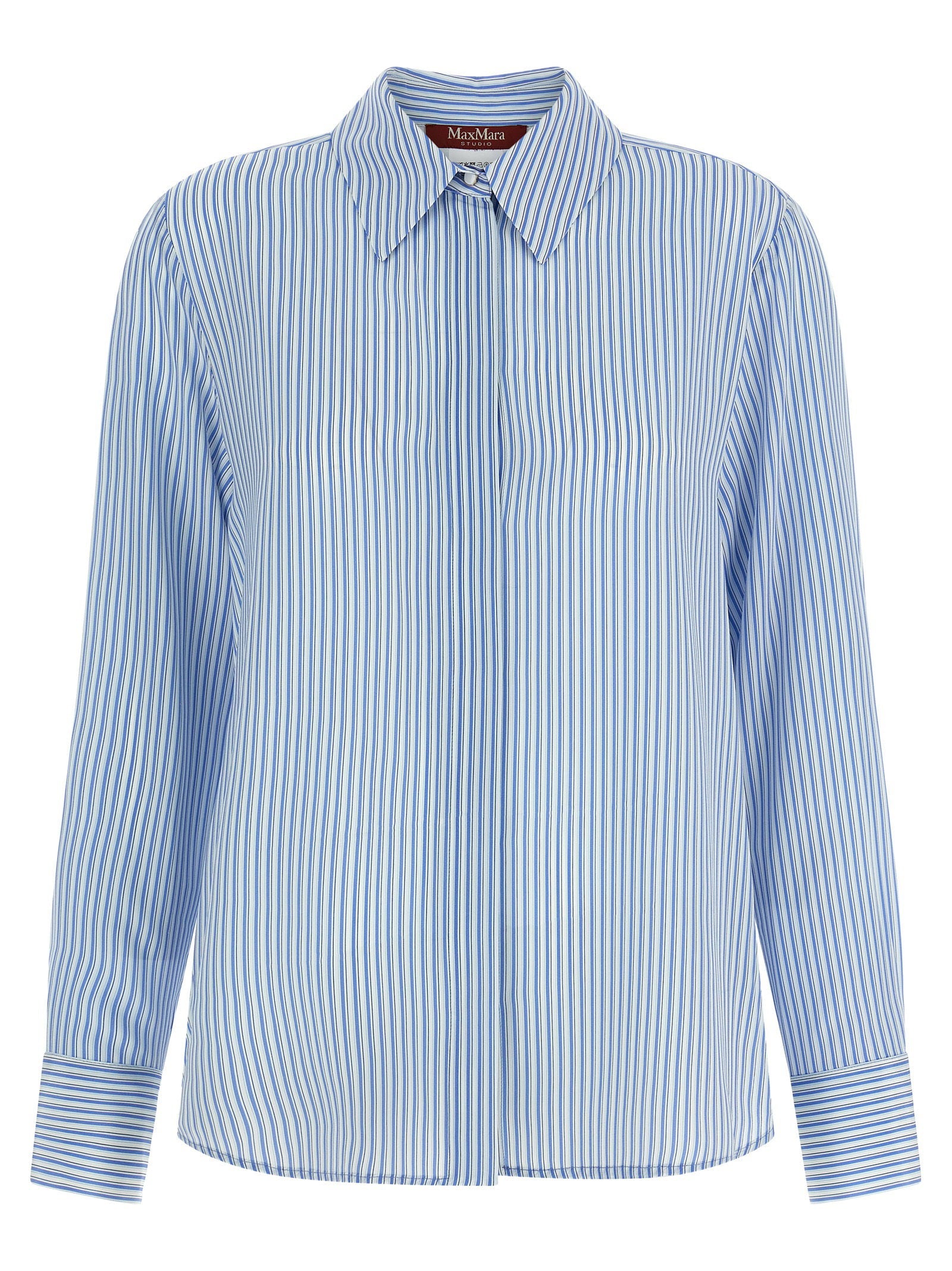 Max Mara Studio Striped Silk Crepe de Chine Shirt — Blue