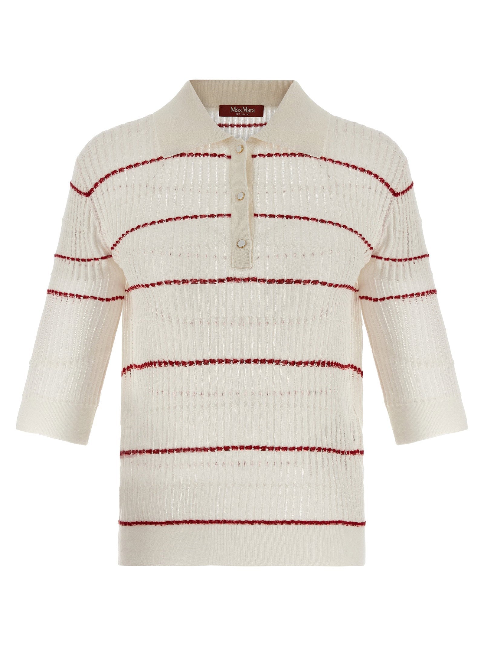 Max Mara Studio Striped Silk-Wool Blend Polo Shirt — Cream