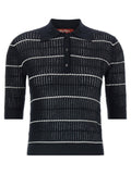 Max Mara Studio Ribbed Wool-Silk Striped Polo Shirt — Black