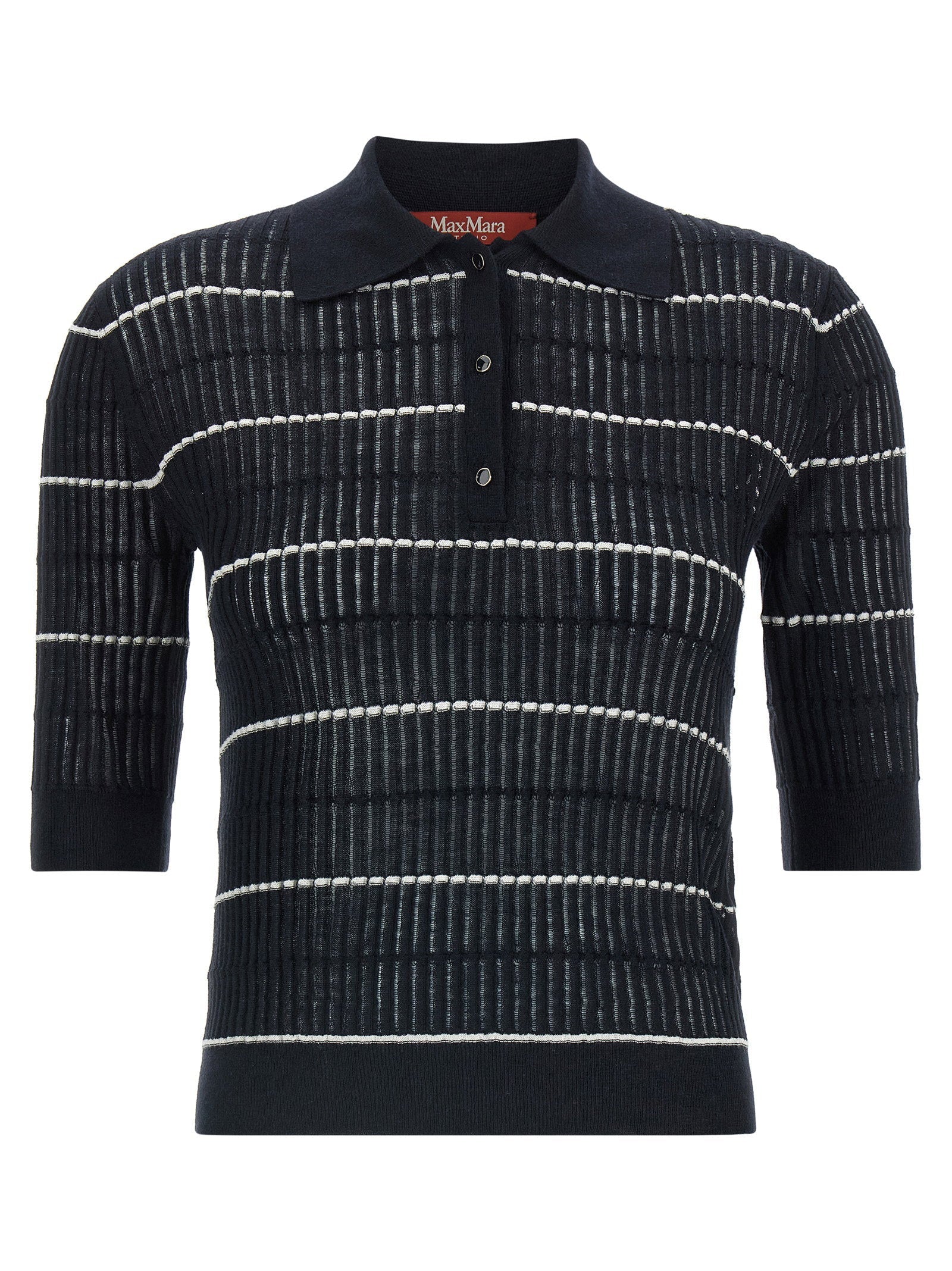 Max Mara Studio Ribbed Wool-Silk Striped Polo Shirt — Black