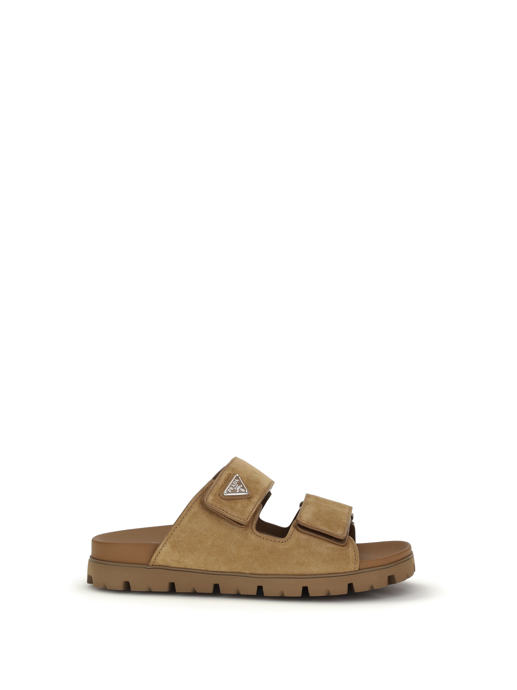 Prada Suede with Metal Triangle Logo Sandals — Beige