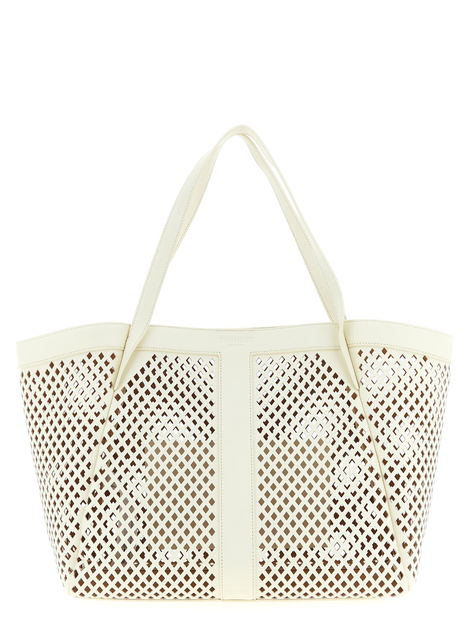 Twin Set Openwork Leather Tote Bag — Cream