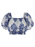 Twin Set Floral Lozenge-Print Ramie Blouse — Blue