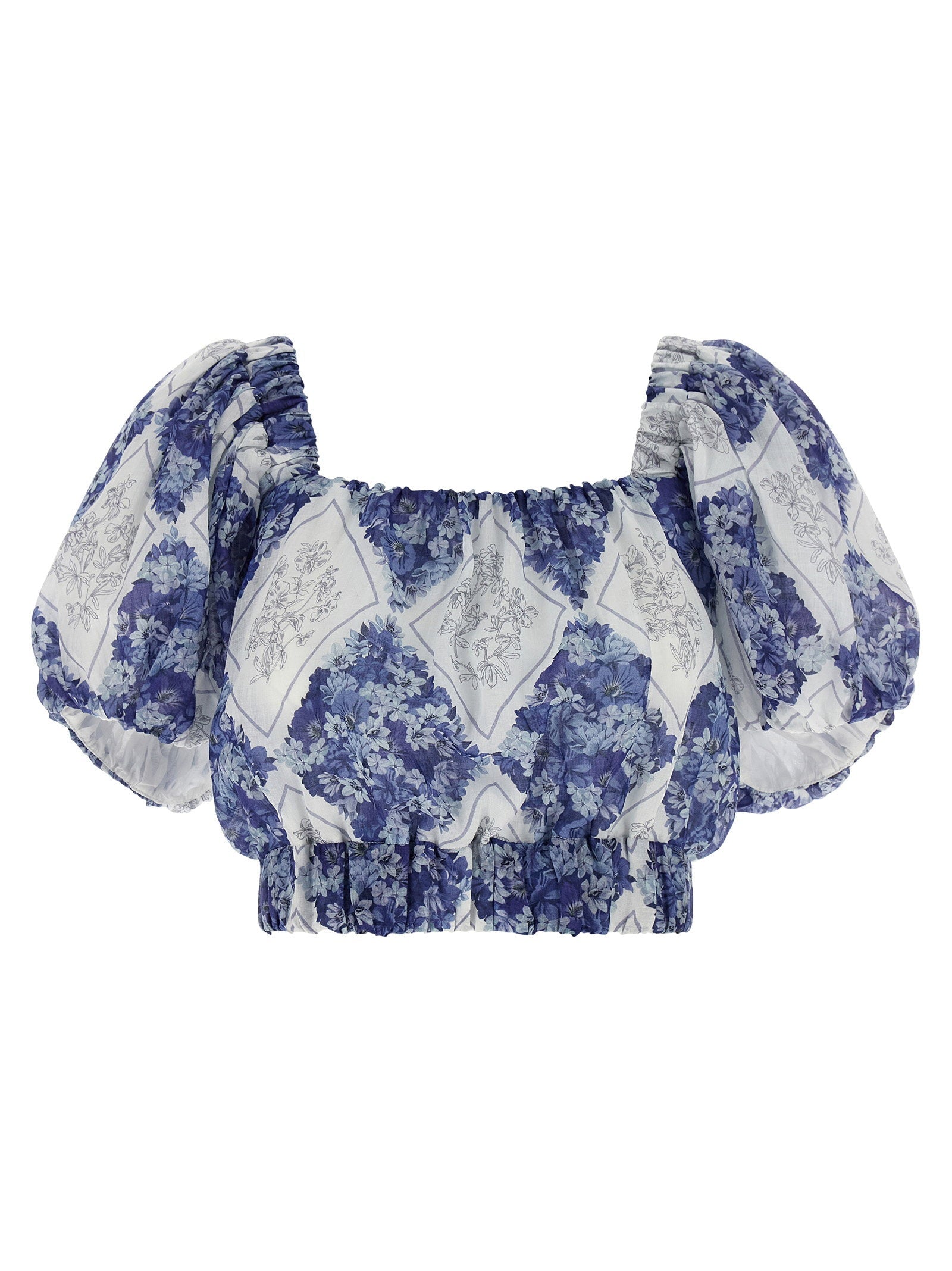 Twin Set Floral Lozenge-Print Ramie Blouse — Blue