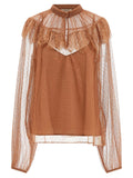 Twin Set Plumetis Tulle with Scalloped Lace Flounce Blouse — Camel