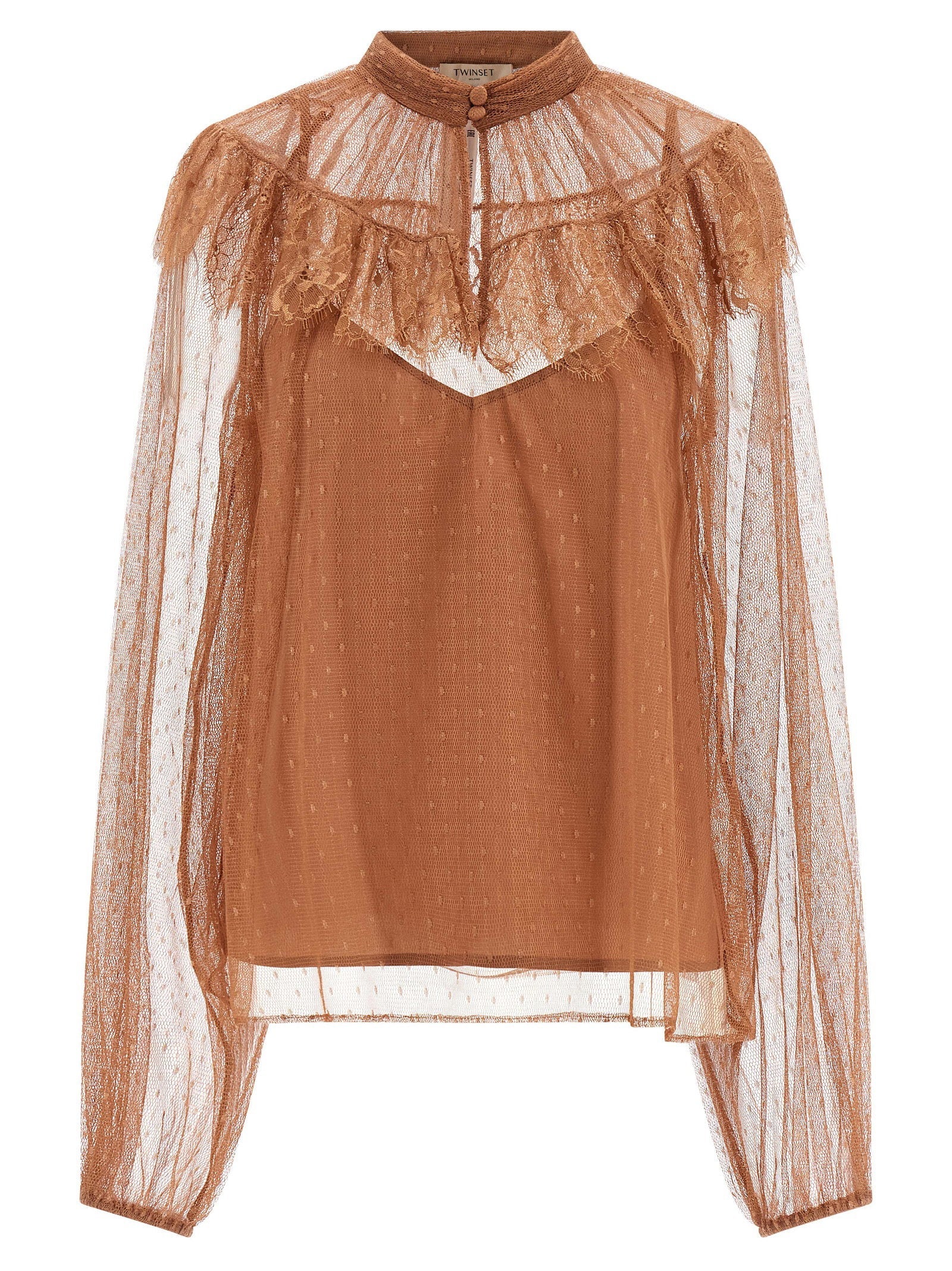 Twin Set Plumetis Tulle with Scalloped Lace Flounce Blouse — Camel