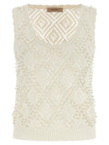 Twin Set Pearl-Embellished Cotton Knit Tank Top — Cream