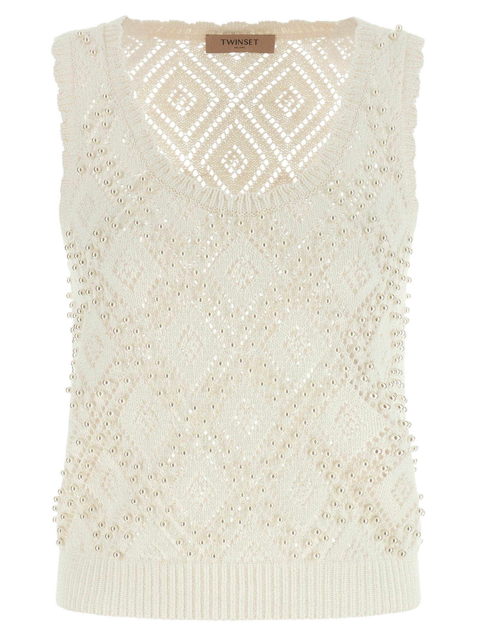 Twin Set Pearl-Embellished Cotton Knit Tank Top — Cream