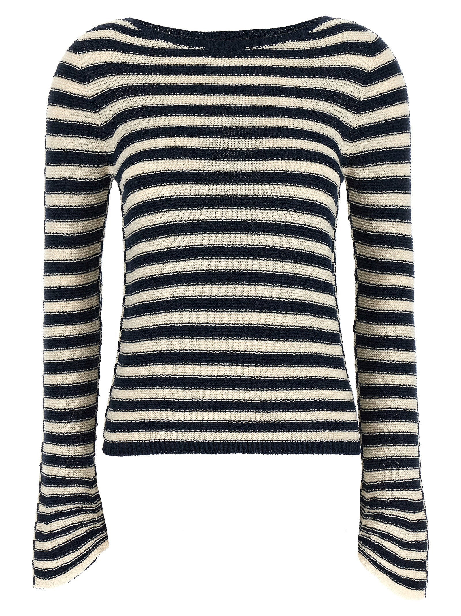Twin Set Striped Knit with Flared Sleeves Sweater — Navy