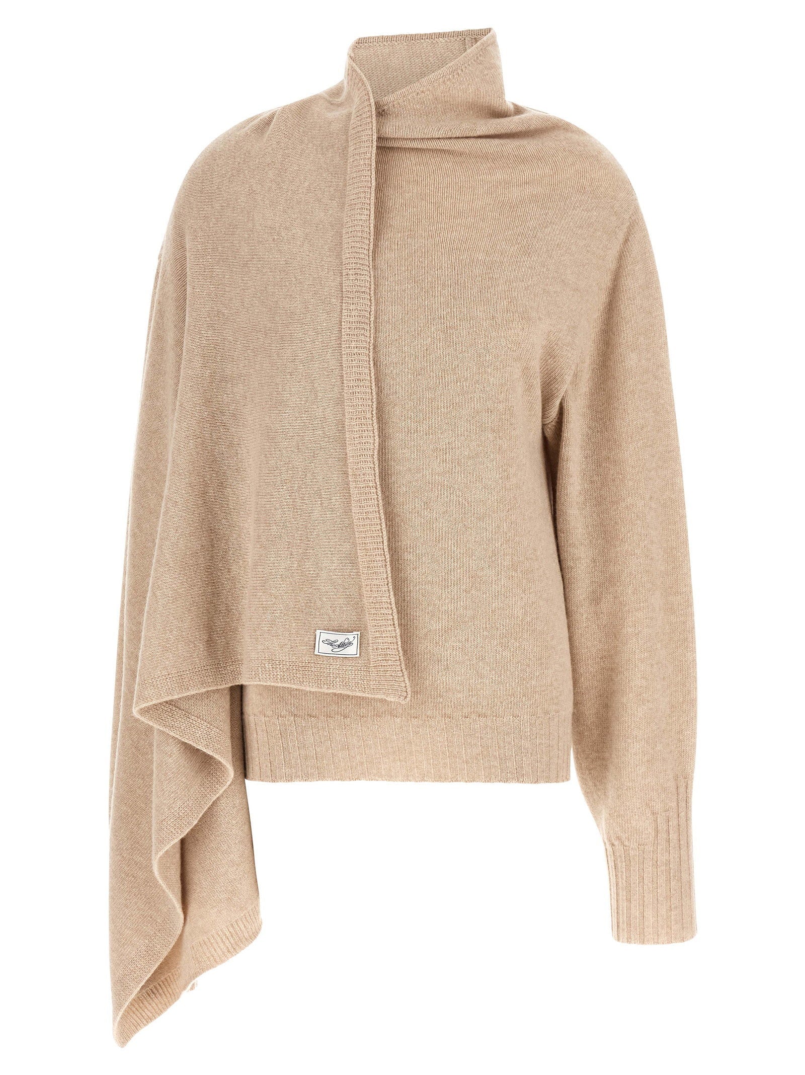 The Attico Asymmetrical Draped Virgin Wool Sweater — Beige