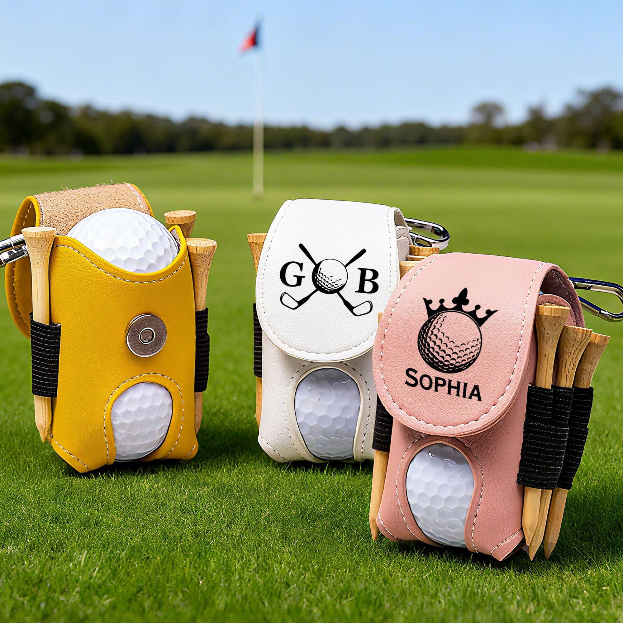 Bolsa personalizada de cuero de PU multicolor con monograma de bola de golf con inicial y nombre Accesorios deportivos Regalo de cumpleaños para los amantes de los jugadores de golf
