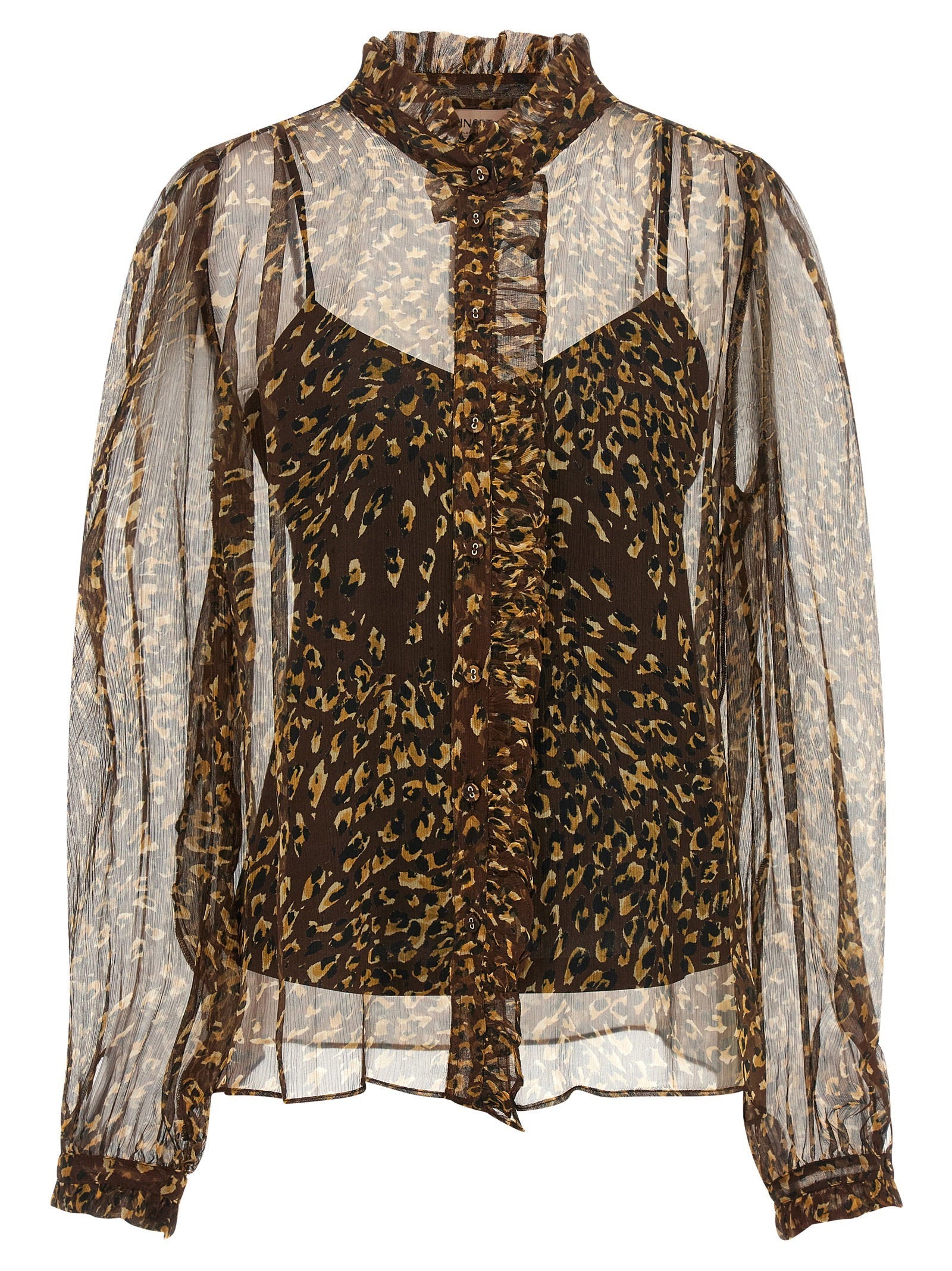 Twin Set Animal-Print Silk Creponne Blouse — Brown