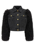 Twin Set Shearling-Sleeve Denim Jacket — Black