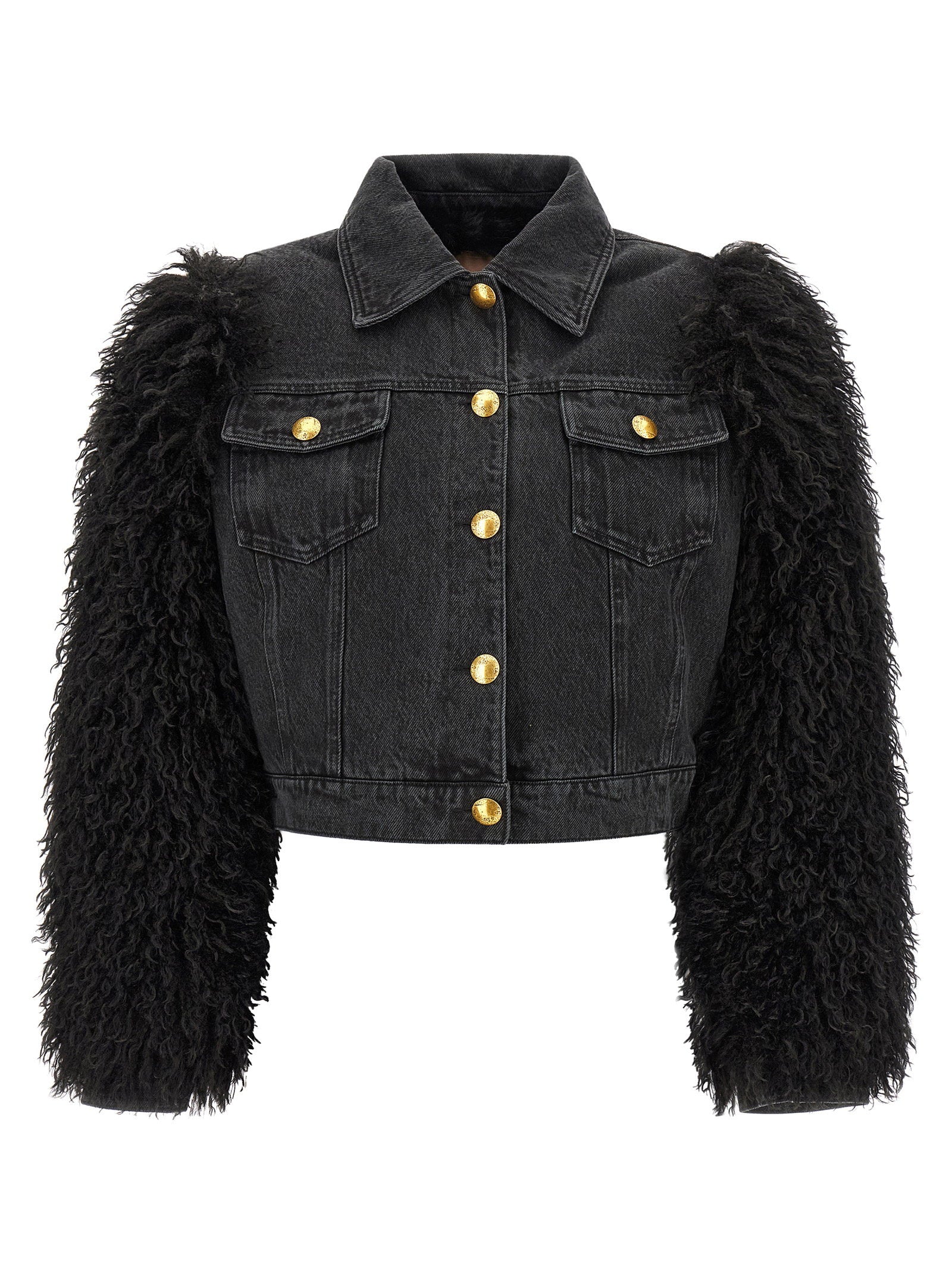 Twin Set Shearling-Sleeve Denim Jacket — Black