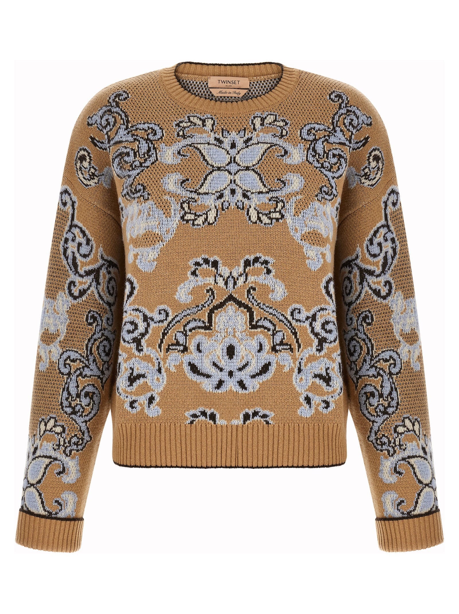 Twin Set Jacquard Tapestry Wool Blend Sweater — Camel