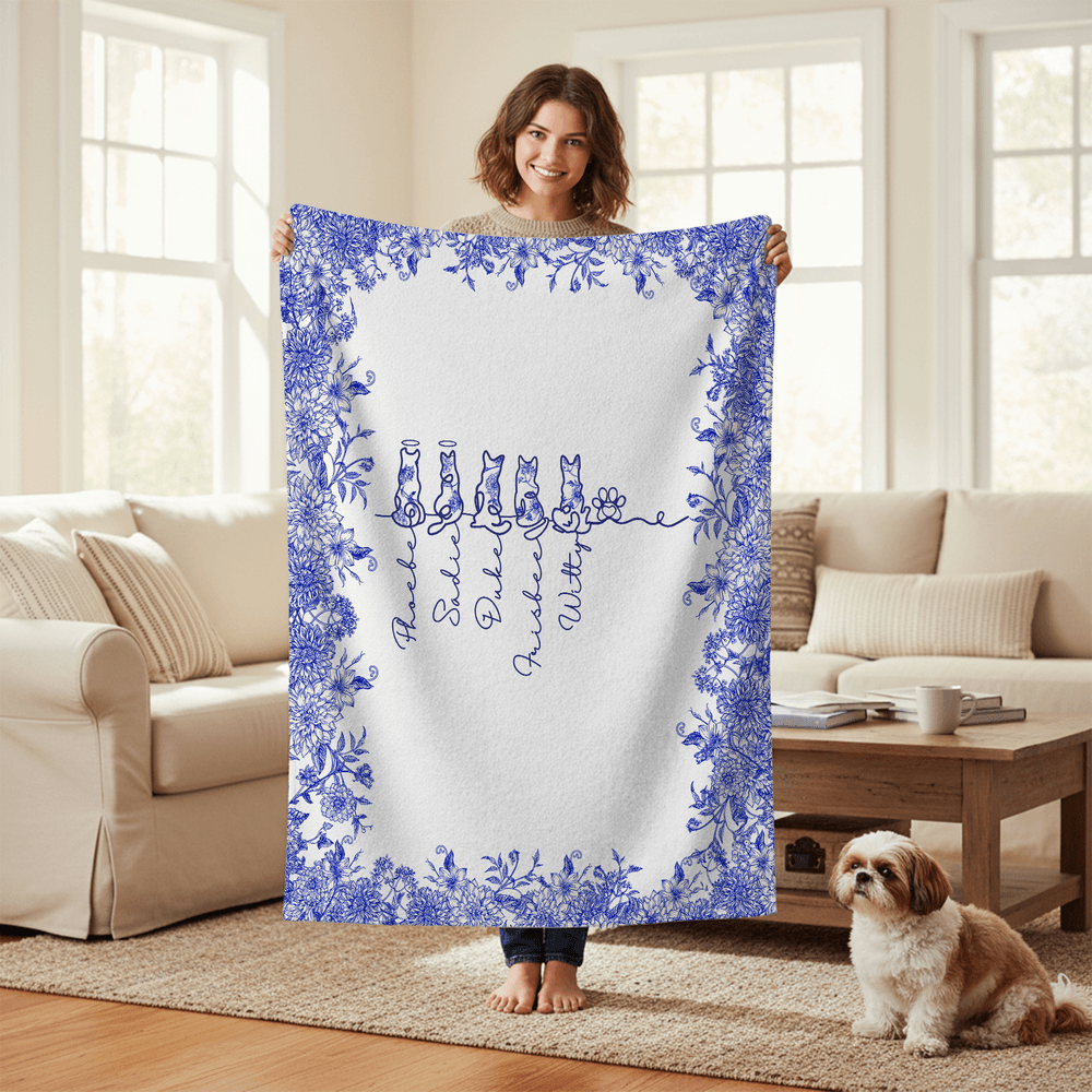 Toile De Jouy Personalizada Forrada Siluetas de Perro Manta para Tirar Decoración del Hogar con 1-7 Nombres Simpatía Regalo de Cumpleaños para los Amantes de las Mascotas