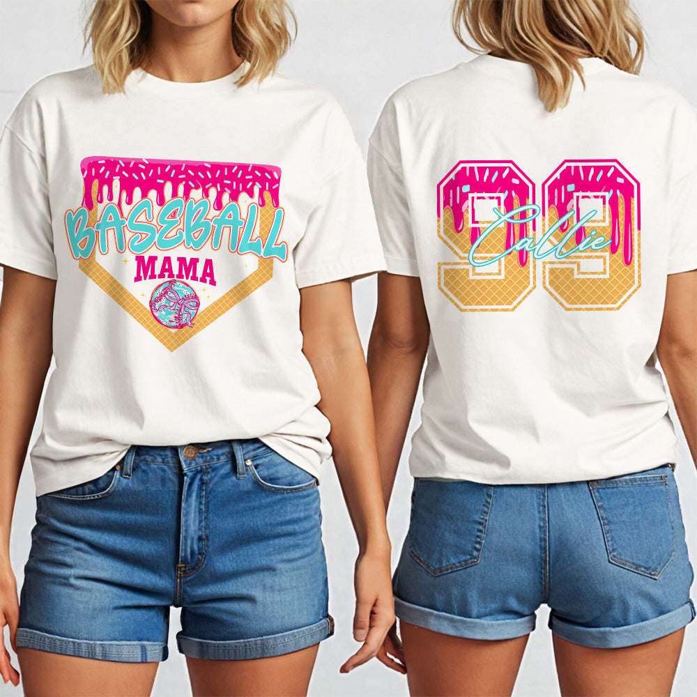 Sudadera personalizada de béisbol Softball Mama Ice Cream Drip Camiseta multicolor con nombre y número Game Day Birthday Gift for Ball Sport Lovers