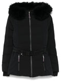 Yves Salomon Belted Fur-Trim Down Jacket — Black