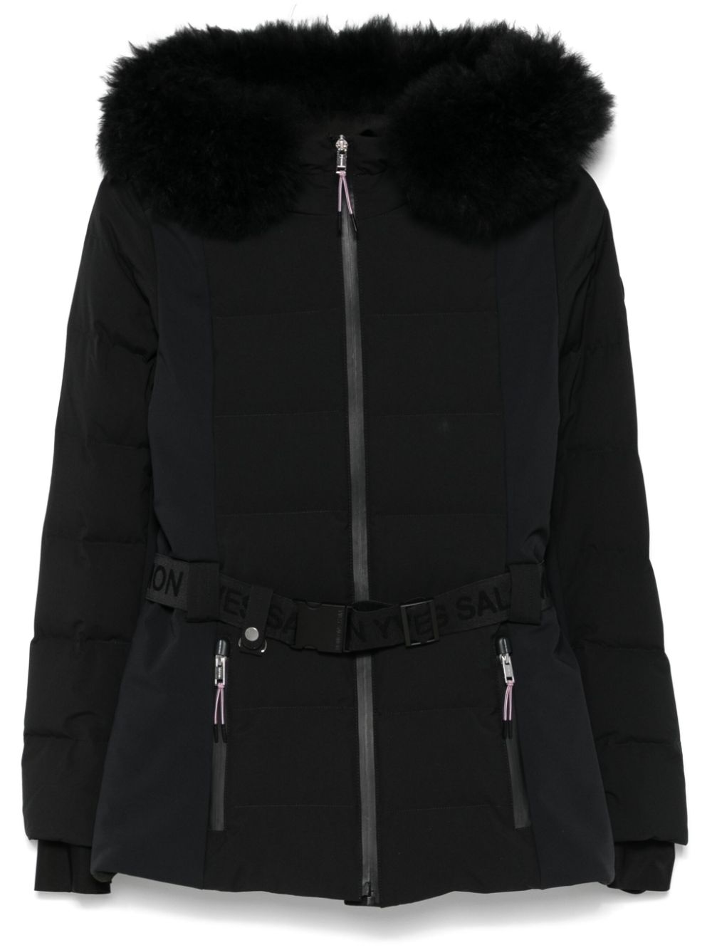 Yves Salomon Belted Fur-Trim Down Jacket — Black