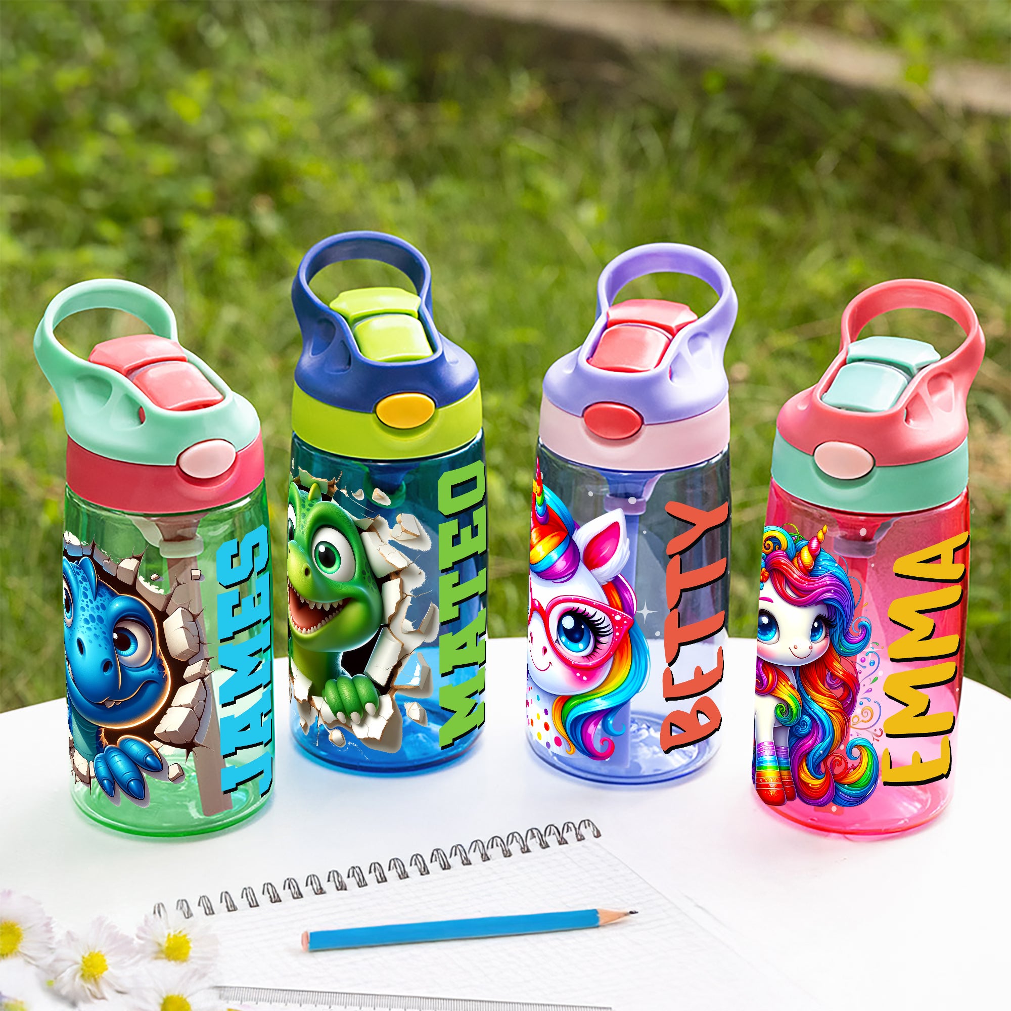 Botella de agua para niños de 16 oz con nombre y pajita de silicona Personalizada Dinosaurio Fantasía Unicornio Regalo de cumpleaños Vuelta al cole para niños Niñas